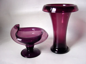 ViNTaGe AMeTHyST PuRPLe ArT GLaSs Rolled Top Vase & Jack in the Pulpit Dish Bowl - Picture 1 of 12
