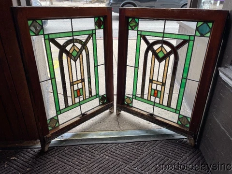 Pair of Antique Art Deco Stained Leaded Glass Windows 32" x 24" Cover