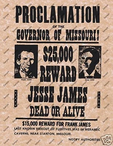JESSE JAMES $25000 PROCLAMATION WANTED DEAD OR ALIVE REWARD POSTER Wild West 014 - Picture 1 of 1