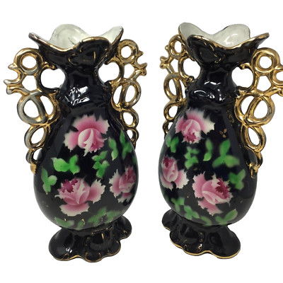 Vase Vintage Japonais En Céramique Noire – Motif Floral Roses – Fabrication Japon