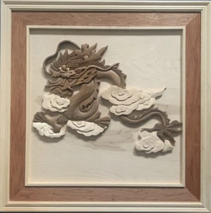Chinese Dragon Large Wood Marquetry Picture In Relief, Nice Carving - Picture 1 of 6