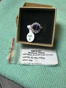 Bomb Party Ring Sz 8 Starburst Details Amethyst Cz Rhodium Playing Rbp8393 New - Picture 1 of 4