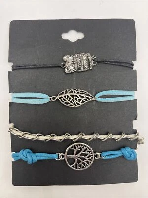 Women's 4 Pack of Bracelets- Owl, Tree, Leaf Blue, Silver, White - Imagem 1 de 4