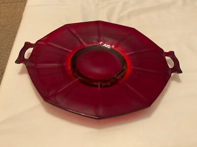 Vintage 12” Royal Ruby Ruby Red Anchor Hocking Cake Plate Handled - Image 1 of 2