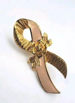 Broche prendedor de concientización sobre el cáncer de mama Avon tono dorado rosa esmalte cinta solapa  Foto 1 de 4