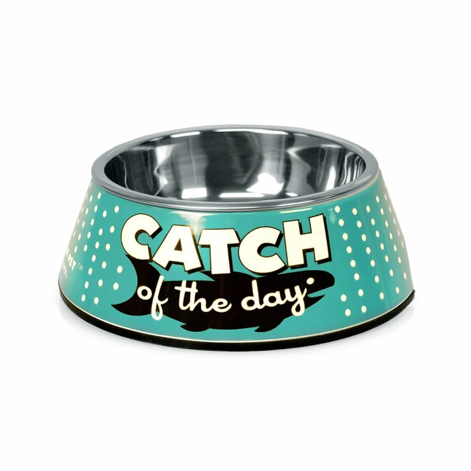 Punchline Pet "Catch of the Day" CAT Bowl Retro Melamina Acero Inoxidable Inserto Foto 1 de 1