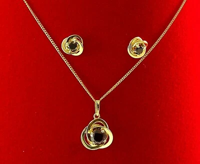 585 Gelbgold SET 14 Karat Kette Ohrstecker Anhaenger Knoten Zirkonia granat - Bild 1 von 4