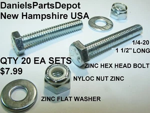 x20 SETS 1/4-20 1-1/2" HEX BOLT SCREW NYLOCK LOCK NUT FLAT WASHER ZINC GRADE 5 - Picture 1 of 9