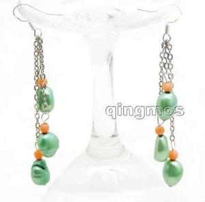 SALE 7-9mm Baroque Green 3 PCS Natural Freshwater Pearl dangle Earring-ear547 - Picture 1 of 4