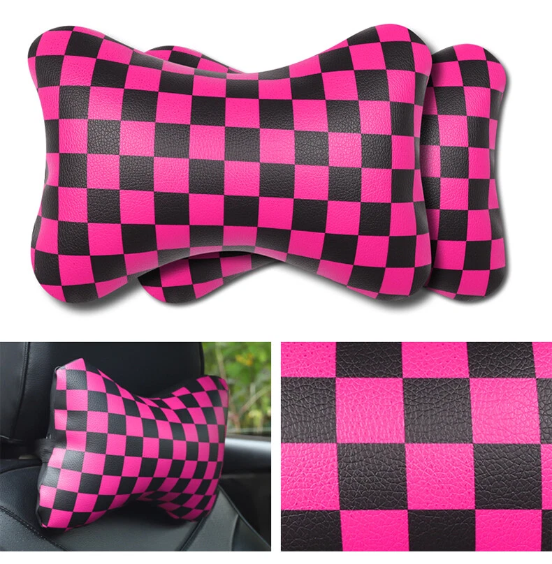 2x Checkered Flag Leather Pink Car Seat Neck Pillow Foam Headrest Travel Cushion - Image 1 of 1