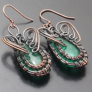 Emerald Quartz Gemstone Ethnic Wire Wrapped Earrings 2.2" Jewelry G10167 - Picture 1 of 3