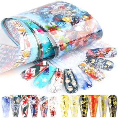 10Pcs 20X4cm Christmas Santa Snowflake Reindeer Nail Foil Transfer Gold Stars - Image 1 of 4
