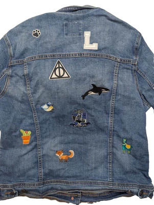 Old Navy Embroidered Denim Jacket women XL Button Up Trucker patchwork  med wash - Image 1 of 4