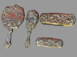 Antique Victorian Figural Art Nouveau Sterling Silver 4 Piece Vanity Dresser Set - Picture 1 of 12