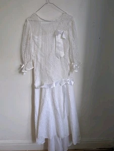 Vintage Handmade Drop Waist Ivory Lace Wedding Dress Size S (T9) - Picture 1 of 9