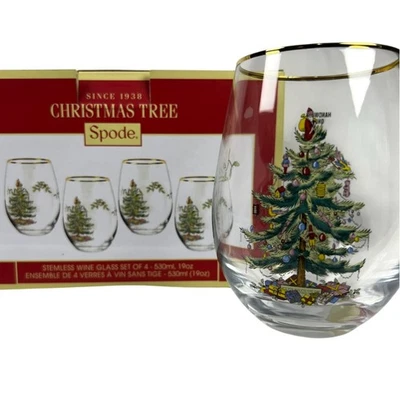 Рождественская елка Spode набор из 4 винных бокалов без стержня 20k золотой ободок подарочная коробка 19 унций - Изображение 1 из 4