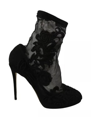 Dolce & Gabbana Negro Tul Elástico Floral Botines Mujer Zapatos Auténtico - Imagen 1 de 4