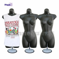 3 Pack Female Torso Dress Mannequin Forms Black + 3 Hangers + 3 Stands