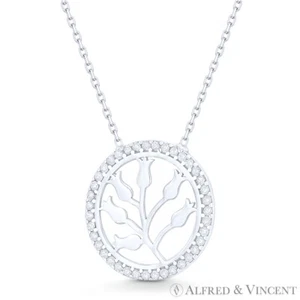 Tulip Flower Circle Eternity Colgante CZ Collar de Cristal en .925 Plata de Ley - Imagen 1 de 1