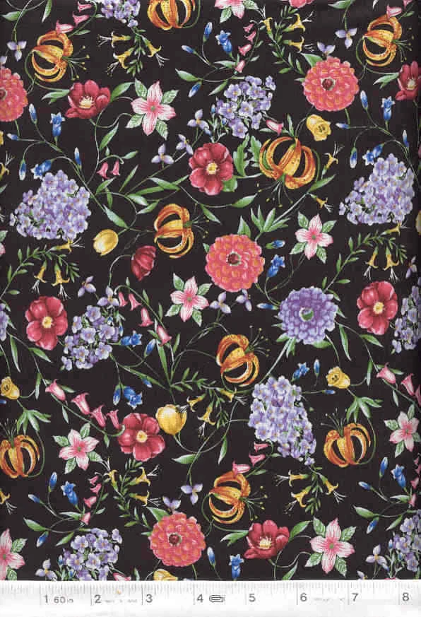 Jardim de Flores - Tecido de Colcha Preto Flores - Frete Grátis - 1 jarda - Imagem 1 de 1