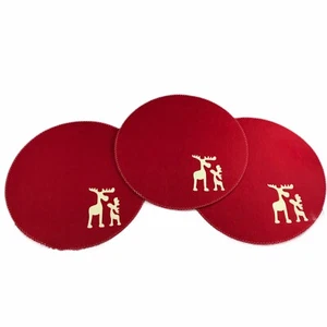 Felt Moose Placemats 13.5" Coasters 4" Service for 3 Red Cream Christmas Winter - Picture 1 of 5