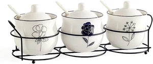 Ceramic Spice & Sugar Jars, with Lids Spoons and Shelf,Porcelain Condiment Kitch - Picture 1 of 7