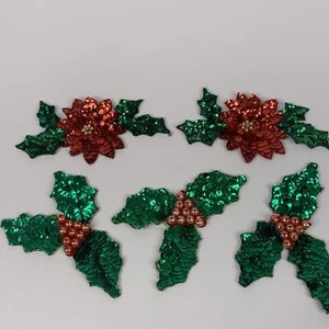 Lotto 5 APPLIQUE NATALIZIE VINTAGE FATTE A MANO CON PERLINE PAILLETTES *LEGGI* - Foto 1 di 11