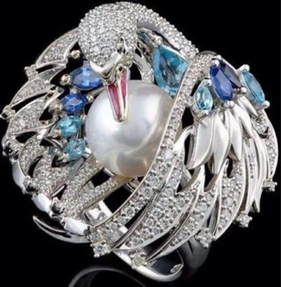 Attractive Swan Design 45.79 TCW Pearl & Lab-Created Multicolor Gemstone Ring - Image 1 of 4