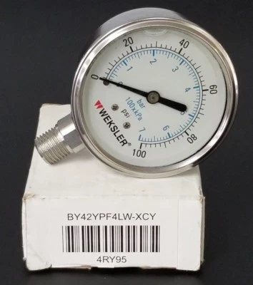 NIB WEKSLER BY42YPF4LW-XCY PRESSURE GAUGE 4RY95, 0-100PSI, 0-7BAR - Image 1 of 3