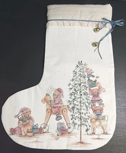 Christmas Stocking Handpainted Muslin Teddy Bears Rocking Horse Santa Tree 18"  - Picture 1 of 11