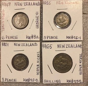 1947,1955,1961,1965 Lot of 4 New Zealand coins-3,6 Pence,1 Shilling-KM#8a,25,27 - Picture 1 of 2