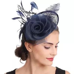 Women Fascinator Hat Headband Flower Feather Mesh Hair Clip Wedding Navy Black - Picture 1 of 3