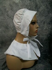 White Pilgrim Bonnet Hat + Collar Old Fashioned Nurse Wagon Train Quaker Amish