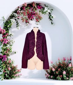 APT 9 $74 Open Front WOOL Raisin Purple Cardigan Sweater RUFFLE Small Women's - Picture 1 of 13