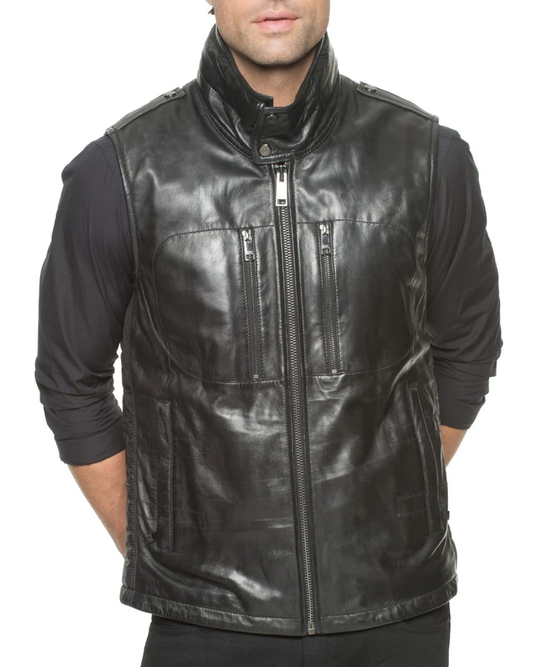Andrew Marc New York Cuero Negro Liberty Moto Chaleco Chaqueta Nuevo $565 Foto 1 de 4