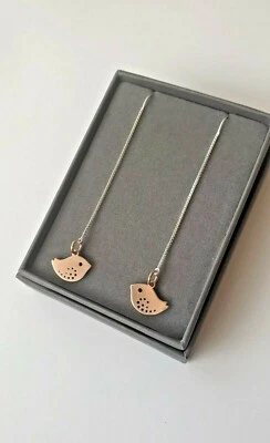 SALE 10% Rose Gold Birdie Threader chain long Sterling Silver earrings - Image 1 of 4