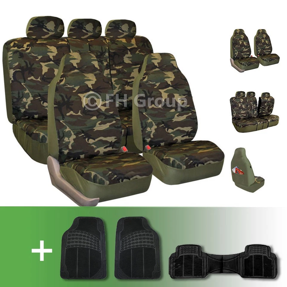 Fundas de asiento de coche FH Group ajuste universal estampado verde oscuro con tapetes negros Foto 1 de 4