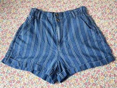 American Eagle Paperbag Shorts Size Small Blue Stripe Pockets Drawstring Cotton - Image 1 of 4