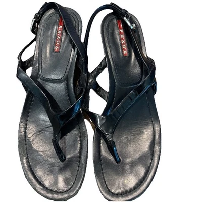 Sandalias de tanga con plataforma de cuña de cuero negras PRADA para mujer EE. UU. 6,5 UE 37 Foto 1 de 4
