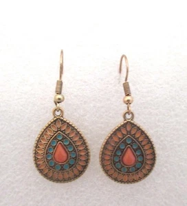 2" Dangle Earrings 7/8" Teardrop Shape Gold Tone Blue Orange Yellow on Hooks - Picture 1 of 4
