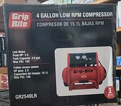 Компрессор Grip Rite 12 А 2,5 л.с. 4 галлона 1725 об/мин с колесами в заводской упаковке  - Изображение 1 из 3