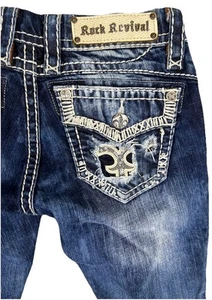 Rock Revival Gloria Boot Jeans Women’s 24 Blue Distressed Rhinestone Pockets - Picture 1 of 10