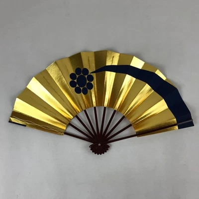 Japanese Folding Fan Maisen Sensu Vtg Lacquer Bamboo Frame Gold Foil Blue 4D720 - Image 1 of 4