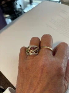 Gold Tone SS Ruby Emerald Sapphire Flower Vine Ring Size 8 Excellent Condition - Picture 1 of 4