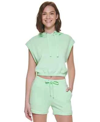 Calvin Klein Top L Green Sleeveless Cropped Drawstring Hoodie Pocket NWT $59 - Image 1 of 4