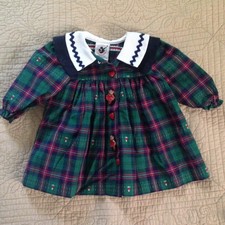 Vintage Goodlad Tartan Plaid Dress Ballet Teddy Bear Blue Green 6/9 Month Collar