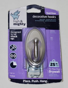 New Hillman High & Mighty Tool-Free 25lb Drywall Satin Nickel Decorative Hook - Picture 1 of 8