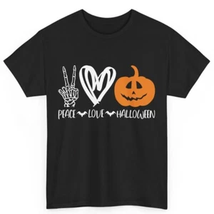 Peace Love Halloween Pumpkin Halloween Lover Unisex Cotton T-Shirt - Picture 1 of 3