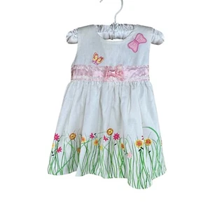 Vintage BT Kinder Mädchen Größe 12M weiß & rosa Kleid bestickt Blumen Schmetterling - Bild 1 von 13