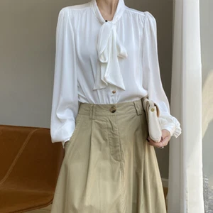 Elegant Shirt Bow Women's Long-sleeved Loose Satin Tops Blouses Office Work Wear - Picture 1 of 20